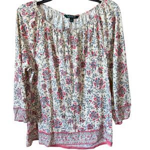LAUREN RALPH LAUREN L Cream Pink Blue Floral Cotton 3/4 Slv Knit Peasant Top L